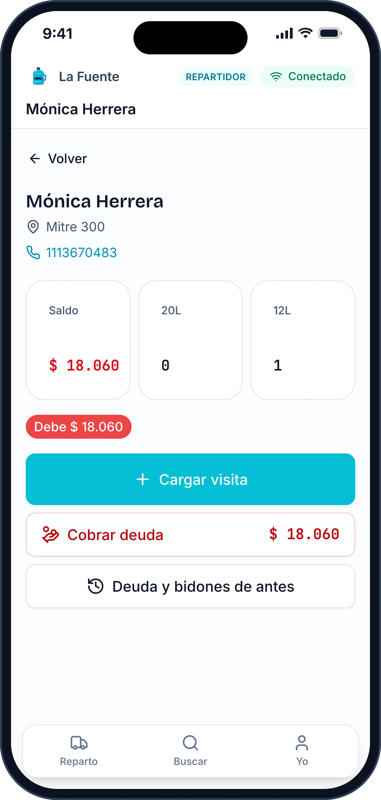 Cuenta de un cliente: saldo, bidones en la casa y nota