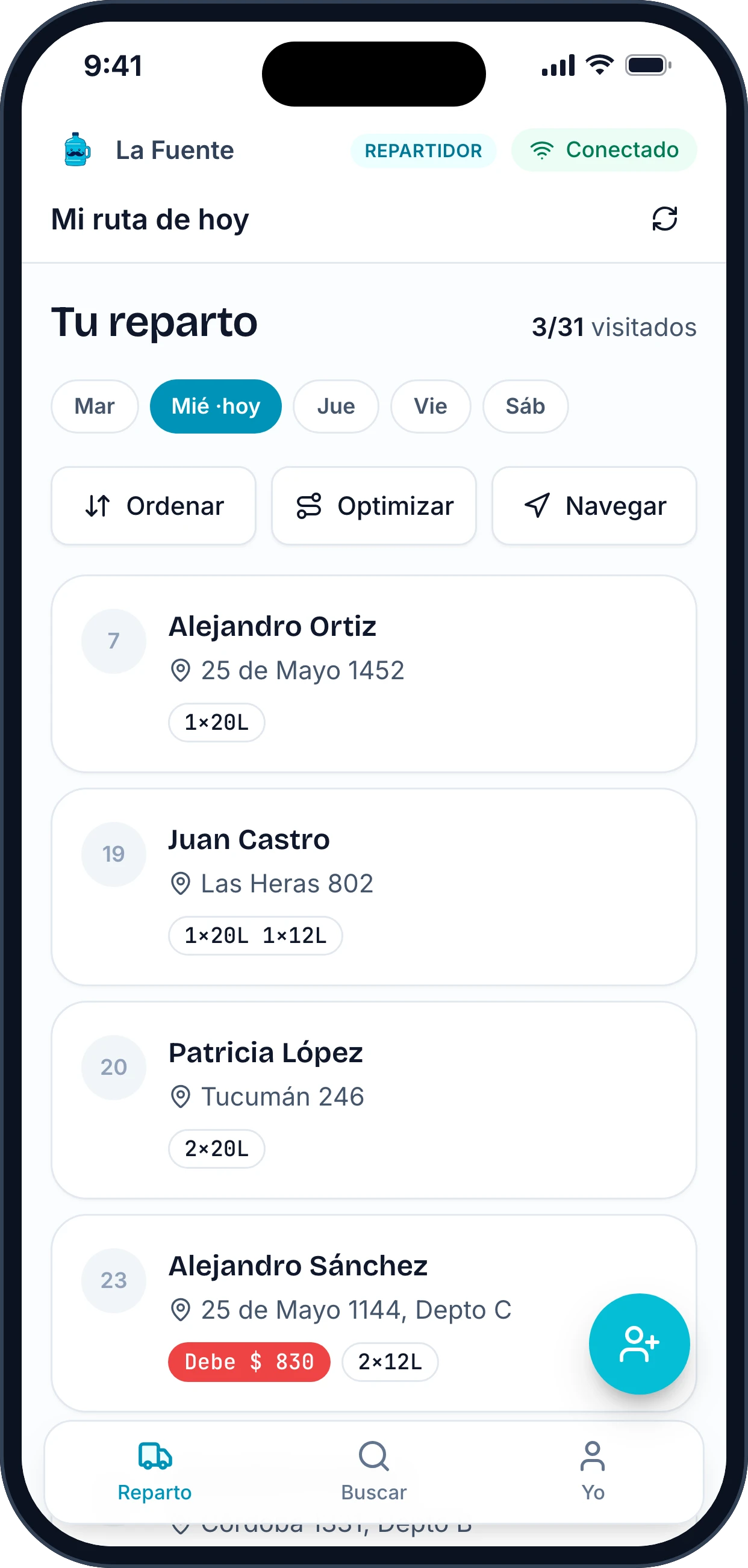 App del repartidor: la ruta del día con los clientes visitados
