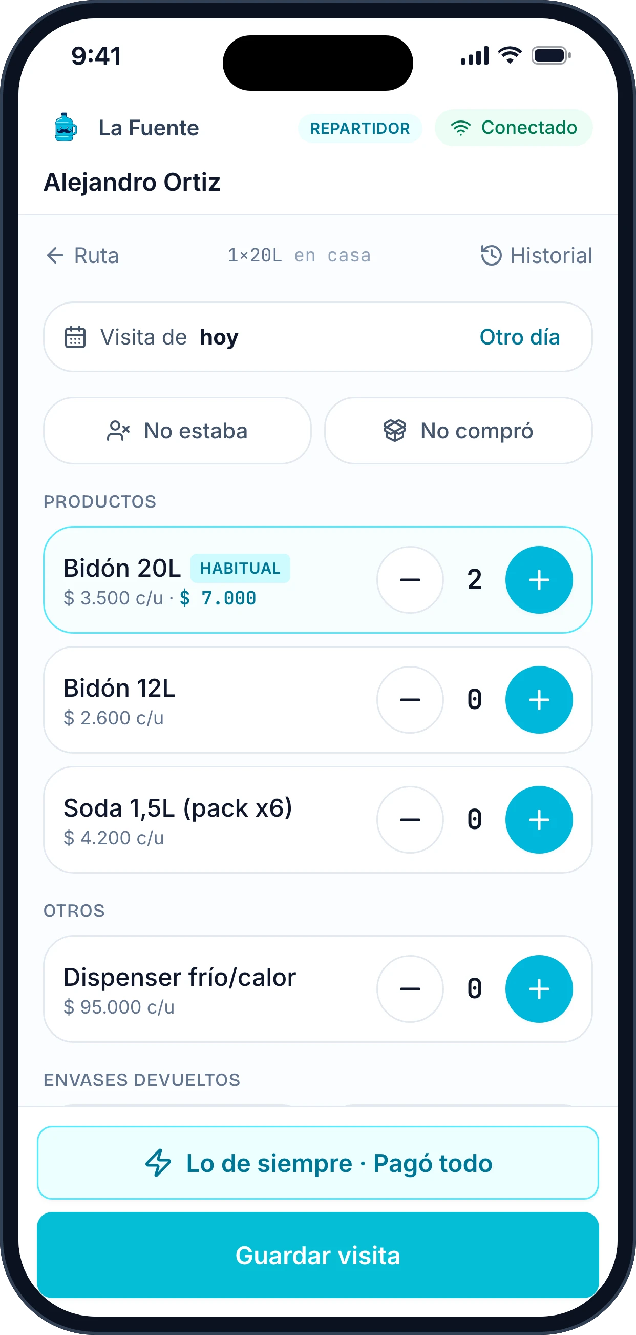 Cargar una visita: bidones entregados, envases devueltos y pago